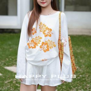 เสื้อยืดแขนยาวพิมพ์ลายทรอปิคอลทรงหลวมสีขาว ไซส์พลัส เนื้อผ้าถักระบายอากาศได้ดี เสื้อลำลองสำหรับผู้หญิง - Product Image 3