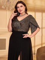 Robe de soirée élégante en mousseline de soie avec patchwork de paillettes, taille plus, noire, couleur unie, col en V, avec fermeture éclair au dos