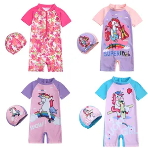 Conjunto de roupa de banho infantil com zíper traseiro, 2 peças estampadas de desenho animado, manga curta, roupa de banho de bebê com boné, roupa de verão para meninas