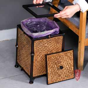 Bamboo Woven Trash Can Square With Lid Household Indoor Waste Bin Tea Room Accessory - Product Image 2