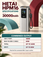 Batterie externe d'usine 30000mAh 165W avec charge rapide PD intégrée, câble Type-C intégré, affichage LED, double IC, sans dégraissement de puissance, portable