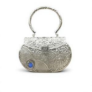 Vintage Metal Clutch <b>Purse</b> with Flower Embellishment and <b>Blue</b> Stone 19x4x11.5 CM for Evening Use CSISB20-112 - Product Image 1
