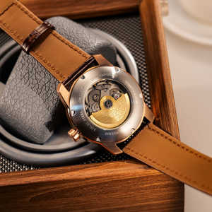 Montre-bracelet en cuir classique avec logo personnalisé OEM, montre mécanique automatique vintage de luxe avec saphir, phase lunaire, pour hommes - Product Image 3