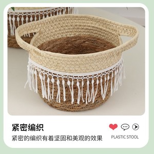 Panier tressé en paille fait main avec poignée à pompons, panier de rangement pour la maison, panier décoratif pour le salon, ensemble de trois tailles - Product Image 4