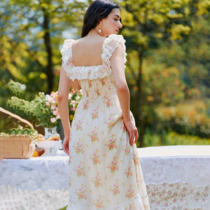 خمر مستوحاة قبالة الكتف الدانتيل كشكش سموكيد الخصر طباعة الأزهار الصيف المرأة في الهواء الطلق حزب اللباس ميدي - Product Image 3