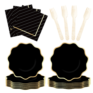 DAMAI - Juego de Vajilla Desechable de Papel con Estampado en Caliente Negro para Fiestas de Cumpleaños, Incluye Platos, Vasos y Servilletas - Product Image 1