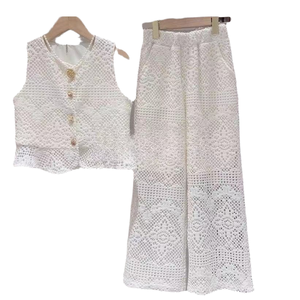 Set di abiti Casual alla moda <span class=keywords><strong>per</strong></span> ragazze adolescenti estivi senza maniche camicia di pizzo e <span class=keywords><strong>pantaloni</strong></span> in tessuto a tinta unita - Product Image 4
