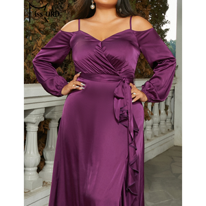 Plus Size <strong>Cold</strong> <strong>Shoulder</strong> Satin Long Elegant Luxury Modest Evening <strong>Dresses</strong> for Women - Product Image 6