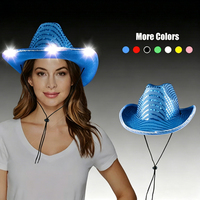 Cappello da Cowboy Unisex con LED e Paillettes Argento, Luminoso Rosso, per Ragazze e Ragazzi, Decorazione Natalizia, Accessori per Feste in Discoteca, Regali per le Vacanze