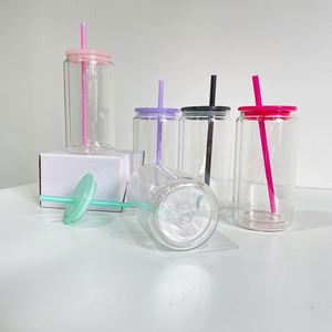 Verre à bière à double paroi en verre borosilicate transparent anti-fuite de 15 oz, avec couvercle en plastique, pour sublimation (type boule à neige) - Product Image 1