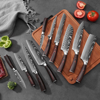 Ensemble de couteaux de cuisine gravés au laser pour usage domestique, 6 pièces, manche en bois, couteau japonais de 8 pouces, couteau Santoku, couteau à trancher