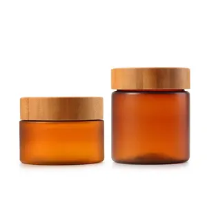 150 G 250 G Frosted Amber Plastic PET Plastic Bamboo Lid Cosmetic Cream Jars Matte