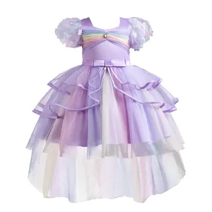 Farbenprächtige Blase Ärmel Prinzessin mädchen Abendkleid flauschig Kinder Party-Kleid für 6J-Jährige langer Schwanz Blumenmädchen Hochzeitskleid