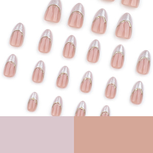 Uñas Postizas Francesas Almond Press On, Blancas y Rosas Brillantes, con Diseño de Hoja de Oro, Uñas Cortas de Uso Temporal - Product Image 3
