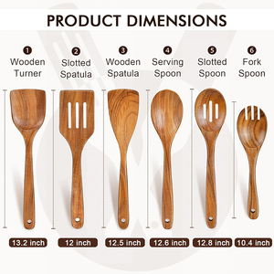 Juego de 6 utensilios de cocina de madera de teca natural con mango largo y cómodo, <span class=keywords><strong>que</strong></span> incluye cucharas, espátula, volteador y tenedor, <span class=keywords><strong>para</strong></span> utensilios de cocina antiadherentes. - Product Image 2