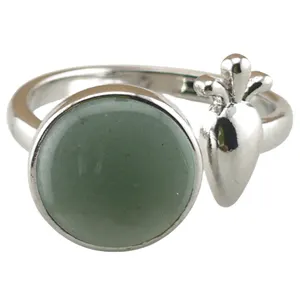 New Design Green Aventurine Stones Adjustable Finger Rings Natural Round Agate Jade Stone Ring With Sliver Carrot