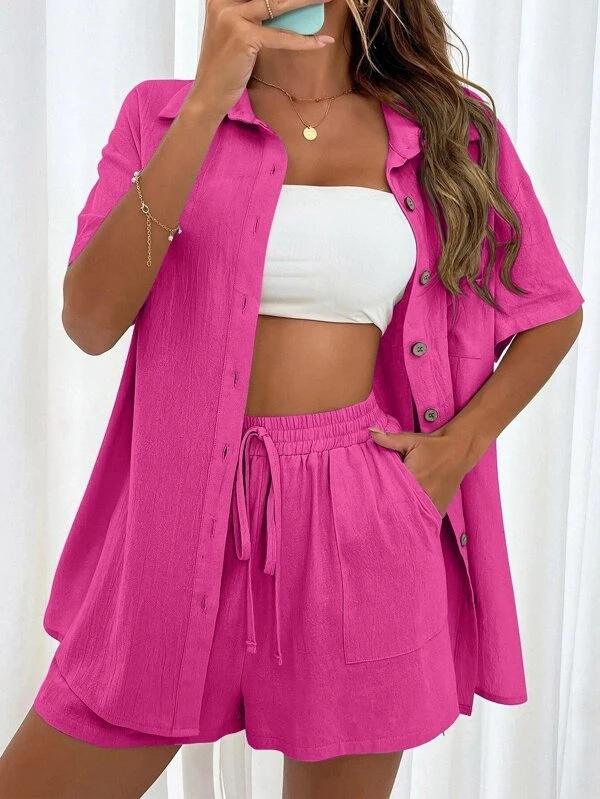 2024 Women Spring Wrinkle Polo Long Sleeve Shirt High Waist Drawstring  Shorts Large Fashion Casual Set