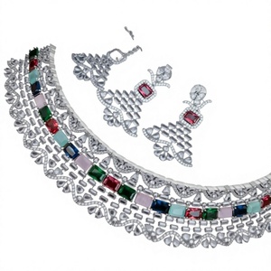 Classy Best Quality <b>Silver</b> Finish CZ Zircon Stones <b>Choker</b> Set with Matching Earrings Tikka for Party Wear Collection For Women - Product Image 2