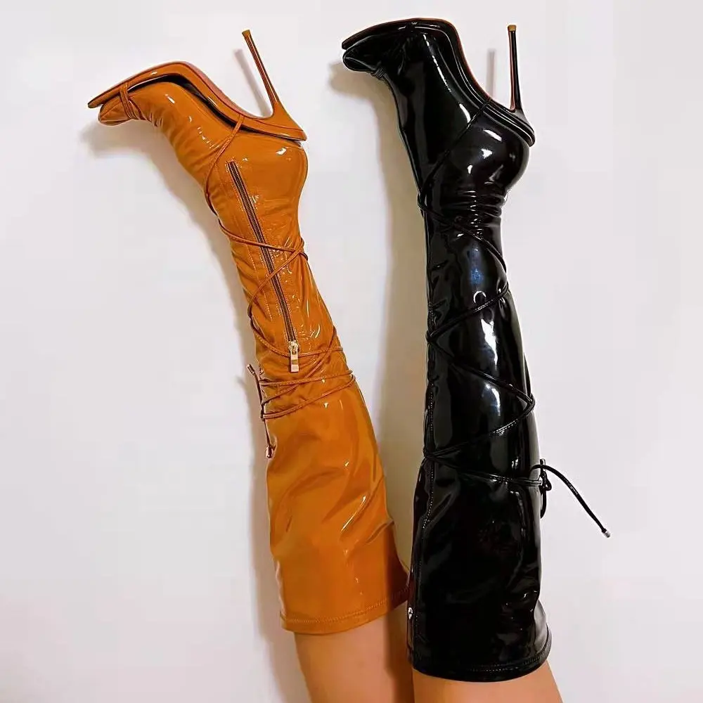 Custom 2022 New Design Ladies Patent Leather Socks And Sandals Boots Designer Sexy Pointed Toe Over-the-knee Boots