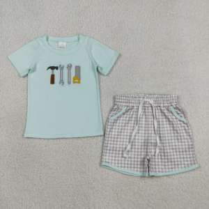 BSSO1666 rts Boutique Baby boy Blue tool embroidery Clothing Set kids Outfits Wholesale short sleeve set - Product Image 2