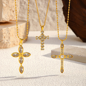 Collar con colgante de Cruz de acero inoxidable chapado en oro para joyería de moda para mujer N374 - Product Image 5