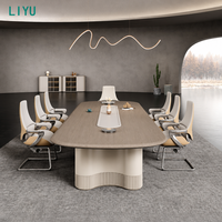 Ensemble de table de conférence ovale LIYU avec 8 chaises cantilever, base en pied-de-biche cannelée, table de réunion pour salle de conseil, mobilier de bureau en bois