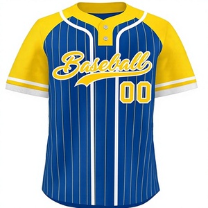 Camiseta de Béisbol Sublimada Personalizada, Azul y Amarilla a Rayas, Manga Corta, Unisex, Transpirable, con Botones al Frente, Uniforme - Product Image 1