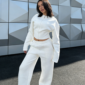 Tuta Sportiva in Cotone Terry Francese di Alta Qualità Personalizzata, Set Casual alla <span class=keywords><strong>Moda</strong></span> con <span class=keywords><strong>Felpa</strong></span> Corta con Zip e Collo Tondo per <span class=keywords><strong>Donna</strong></span> - Product Image 6