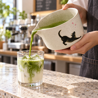 Ensemble Matcha Personnalisé avec Logo, Bol en Céramique Moucheté et Bec Verseur, Fouet en Bambou dans un Tube Transparent et Chashaku pour Salons de Thé