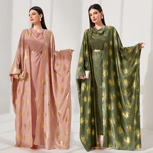 EID Two Piece Set Women Clothing 2024 New Gold Floral Party Maxi Dress Long Batwing Sleeve Open Front Abaya with Inner Dress