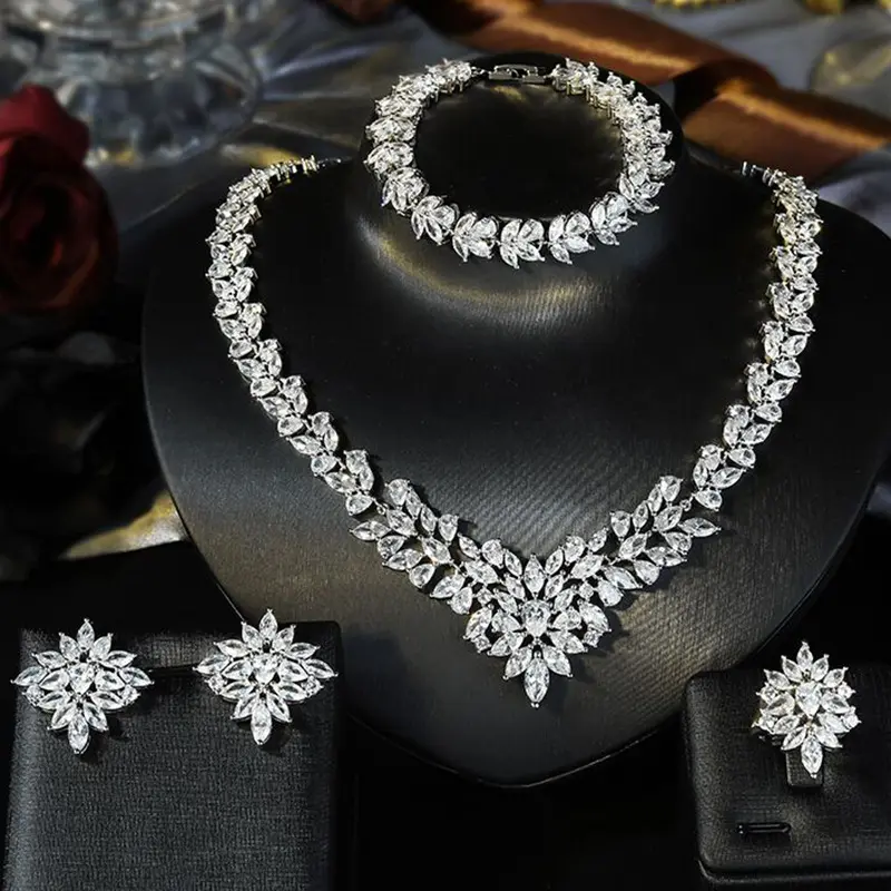 Four piece fashionable micropaved zirconia necklace earrings ring bracelet jewelry bridal set wedding party jewelry