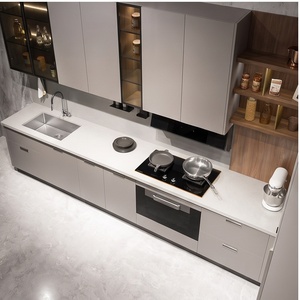 Armoires <span class=keywords><strong>de</strong></span> <span class=keywords><strong>cuisine</strong></span> élégantes gris argenté avec portes à panneaux et crédence <span class=keywords><strong>en</strong></span> marbre, idéales pour petit appartement - Product Image 1