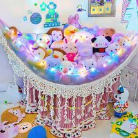 Organisateur de rangement en filet suspendu d'angle à grande capacité pour jouets en peluche, avec éclairage LED de type crochet, pour chambre d'enfant