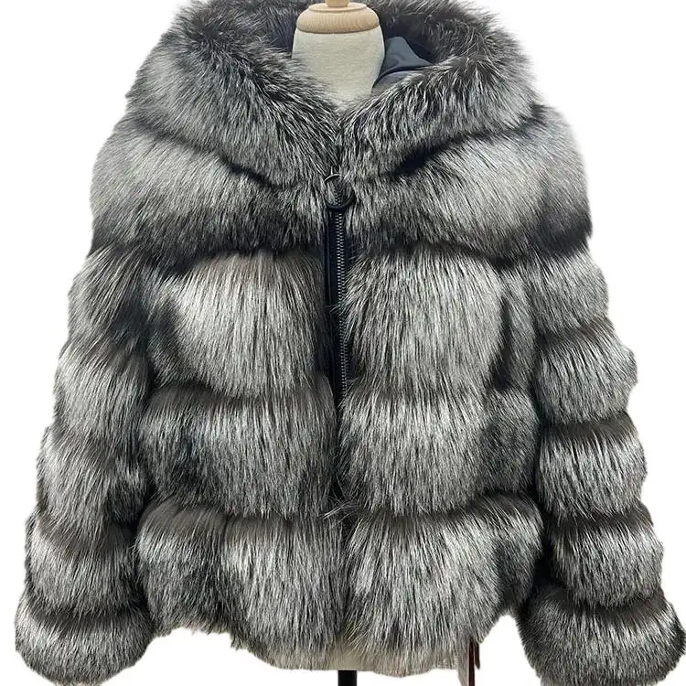 Manteau de fourrure de renard véritable de luxe en gros de mode d'usine manteau de fourrure véritable de chaleur d'hiver pour femmes manteau court de fourrure de chapeau extra large