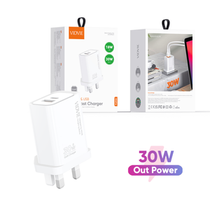 <span class=keywords><strong>Cargador</strong></span> Rápido VIDVIE Family Design con Enchufe UK, Doble Puerto Tipo-C y USB-A, PPS PD3.0 GaN, 30W, Supercarga para Teléfonos Samsung - Product Image 1