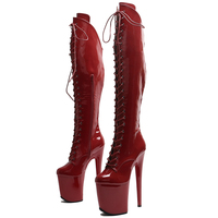 20CM / 8 Pouces Brevet PU Haut Femmes Sexy Mode Haut Talon Plate-Forme Lace-Up Avant Genou Haute Botte Pole Dance Bottes