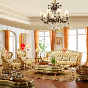 أريكة فاخرة بتصميم غرفة المعيشة على الطراز الأوروبي أريكة ذهبية من الجلد الأصلي