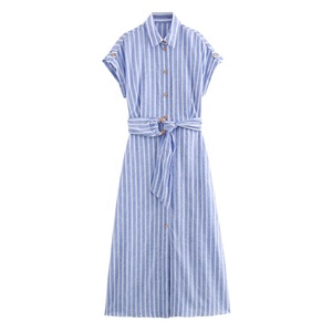 Vestido midi a rayas de mezcla de <span class=keywords><strong>lino</strong></span> estilo europeo y americano con cintura elástica - Product Image 1