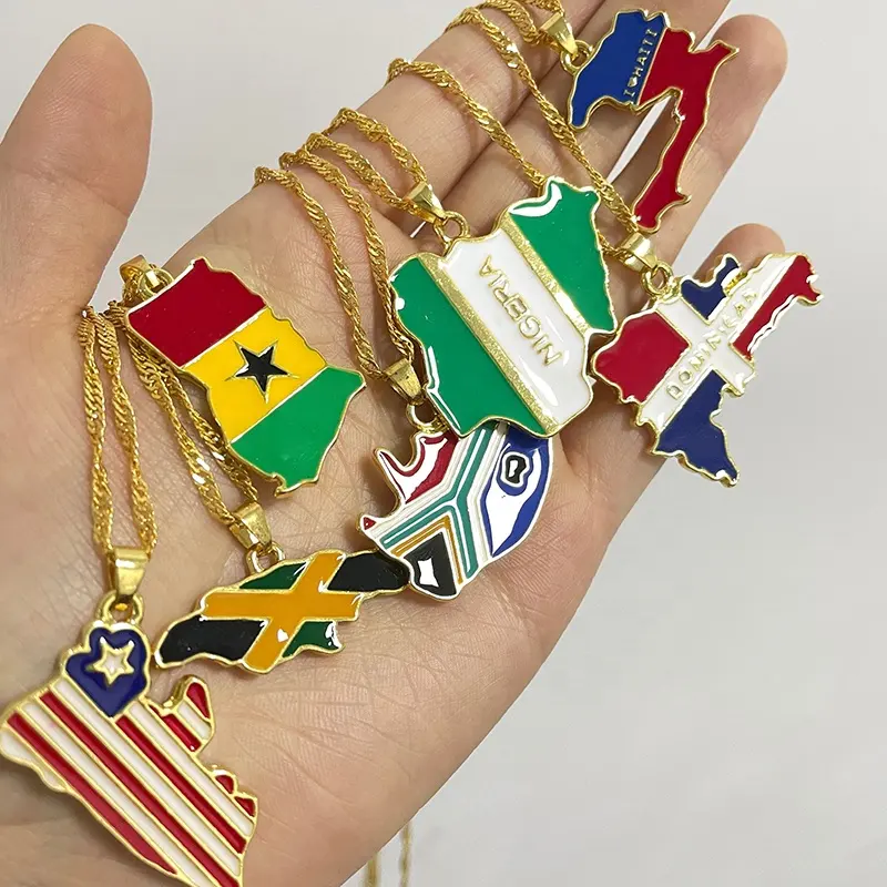 New Gold Wold Land Kaart Vlag Ketting Afrikaanse Cavia Ghana Liberia Onderzeese Jamaica Zuid-afrika Congo Honduras Hanger Ketting