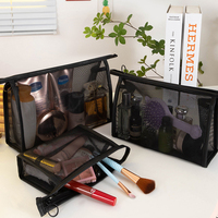 Pochette de voyage en nylon noir avec logo personnalisé, pliable, de luxe, en maille, grande, pour cosmétiques, fermeture éclair, trousse de maquillage