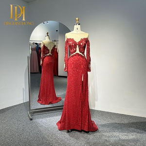 ชุดราตรีผ่าสูงชุดงานพรอมแขนยาวปักลูกปัดผ้าโปร่งสีแดงงานปาร์ตี้ - Product Image 2