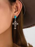 26 Western Till Retro Vintage Turquoise Texas Cowboy Long Horn Bull Head Spade Pendant Dangle Earrings for Women Fashion Jewelry