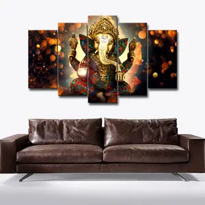 Benutzer definierte gestreckte Leinwand Kunstdrucke indische Gott Nase Elefant Kunstwerk 5 Panels Wand kunst Bild Ölgemälde Leinwand Malerei