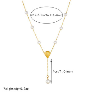 Pearl Clavicle Chain Gold Plated Stainless Steel Y Shaped Scallop Pendant Necklace Daily Party Jewelry - Product Image 4