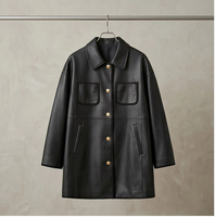 Veste en cuir de mouton véritable mi-longue pour femme, printemps-automne, noire, à revers, multi-poches, style décontracté, blazer en cuir