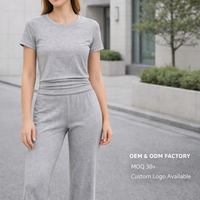 OEM&ODM Solid Summer Lightweight Casual Workout Two <strong>Piece</strong> Outfits Women <strong>Short</strong> Sleeve Crop High Waist Foldover Flare Pants