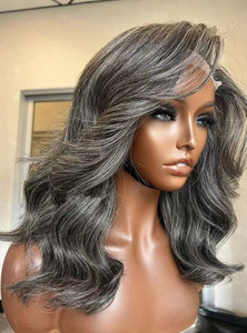 Peluca con malla frontal recta corta de cabello humano Bob con reflejos grises, pelucas de cabello humano de colores mezclados con sal y pimienta para <span class=keywords><strong>mujer</strong></span> - Product Image 5