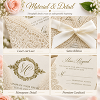 Ensemble d'invitations de mariage personnalisées découpées au laser avec pochette en dentelle, monogramme doré, carte RSVP, ruban en satin et enveloppe – Vente en gros Fabricant
