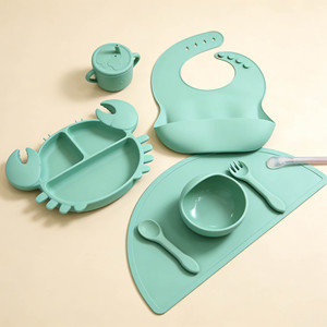 Juego de alimentación para bebés de silicona sin BPA de 7 piezas con diseño de cangrejo, babero, tazón con ventosa, <span class=keywords><strong>vajilla</strong></span> segura e impermeable - Product Image 3