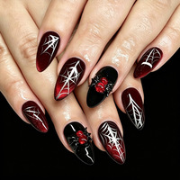 Lot de faux ongles gothiques pour Halloween, bordeaux et noir ombré, motif toile d'araignée argentée, à pression mécanique, 24 pièces